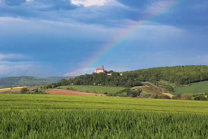 Tyskland, Hessen, Main-kinzig cirkel, Ronneburg, forår, regnbue, landskab