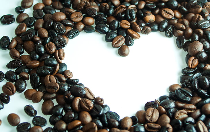káva, kaviareň, kávové zrná, fazuľa, láska, srdce