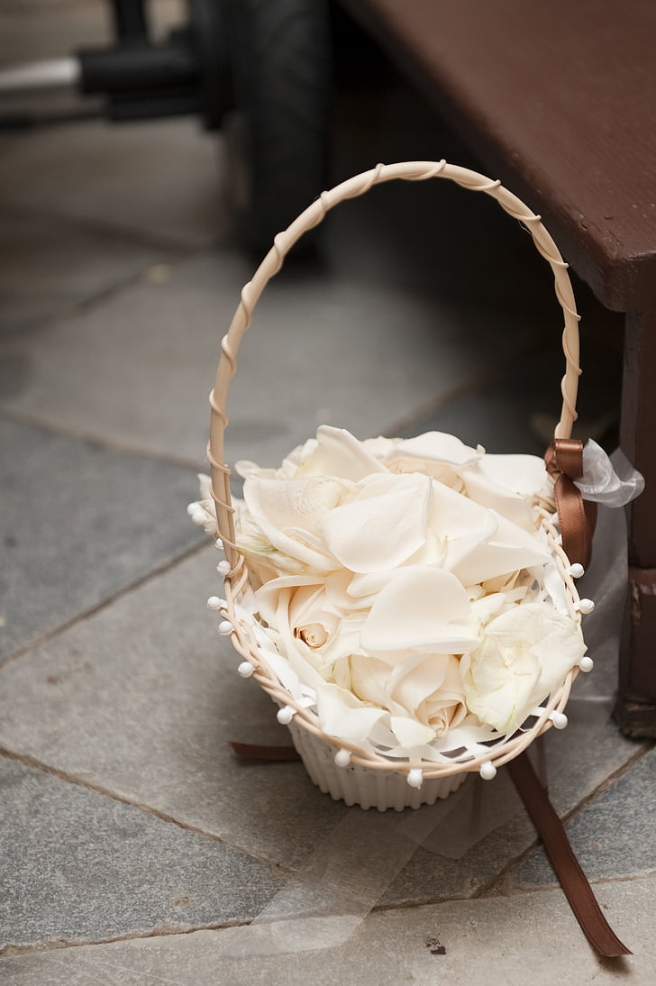 flower basket, rose petals, church, wedding, petals, rose, romantic
