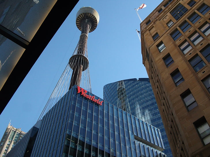 televizijos bokštas, Australija, su vaizdu į miestą, iš apačios, Miestas, Sidnėjus