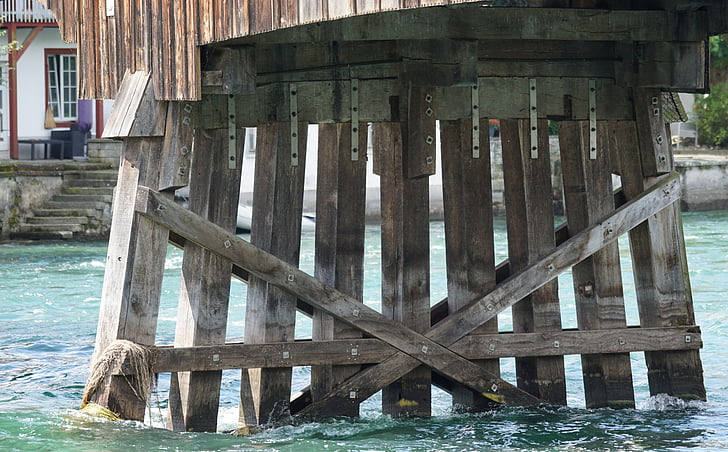 jembatan kayu, Jembatan Bea Cukai, Jembatan piers, kayu, Rhine, Swiss Jerman, Jerman-Swiss