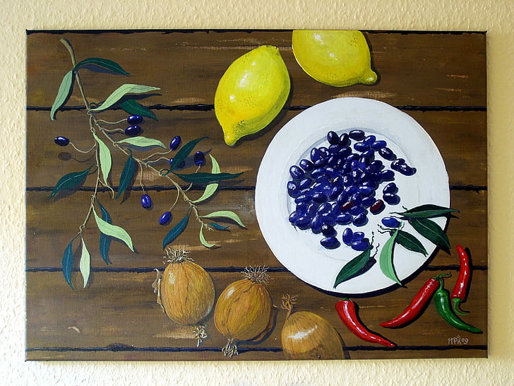 arte, pintura, pintura de acrílico, naturaleza muerta, pintura, limones, olivos