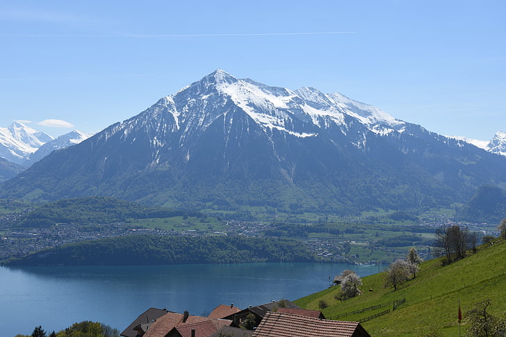 hapşırma, Lake thun, Bernese oberland, Thun hausberg, İsviçre, Göl