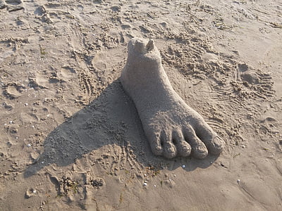 sand sculpture, foot, sand, statue, polish beach, beach, poland