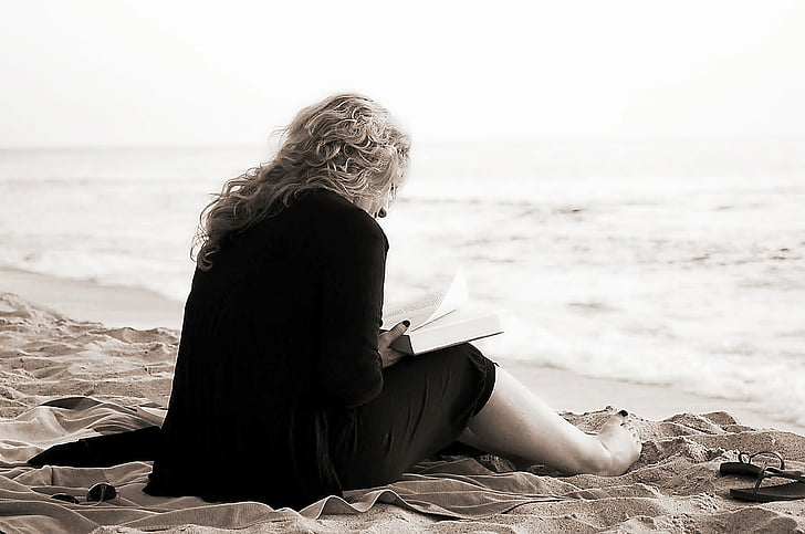 plaža, dama, oceana, osoba, čitanje, pijesak, more