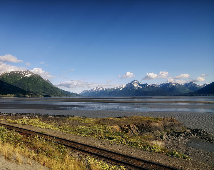 Alaska, krajobraz, sceniczny, niebo, chmury, góry, lodowaty melt