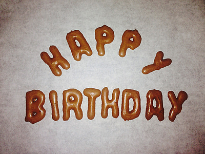 anniversaire, lettres, féliciter, brun, gâteau, cuire au four, délicieux