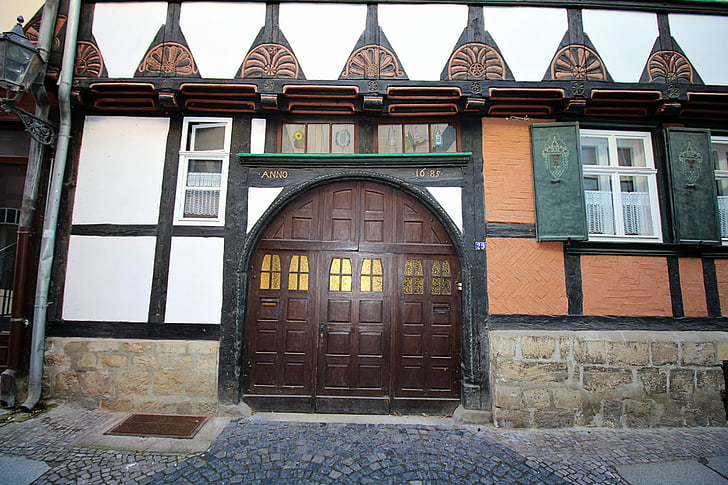 krovu, fasáda, drevené dvere, fasáde domu, stredovek, Quedlinburg, Architektúra
