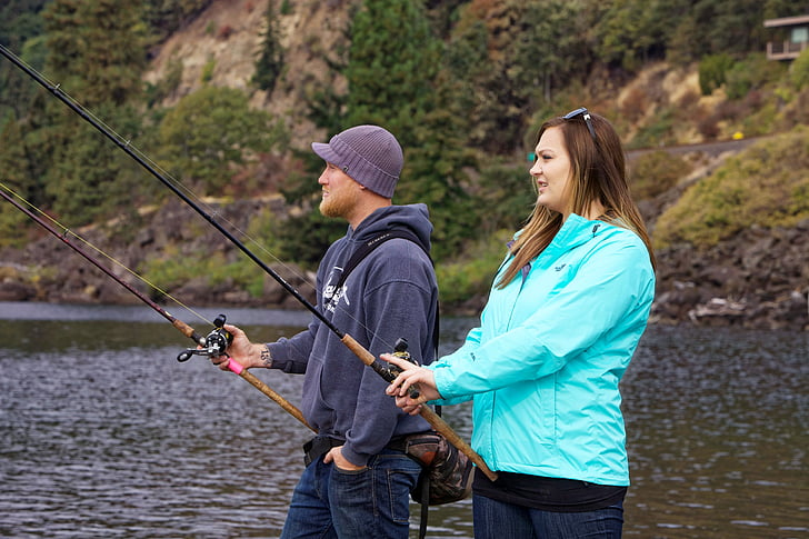 anglers, fishing, salmon, man, woman, couple, hobby