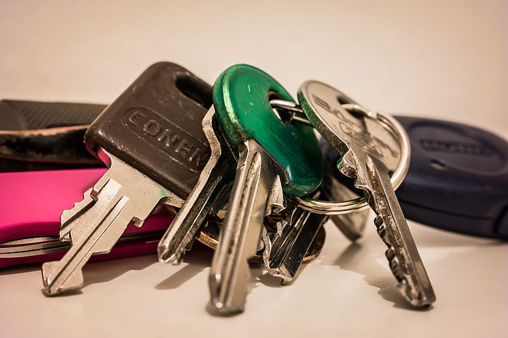 atslēga, keychain, durvju atslēga, māju atslēgas, mašīnas atslēgas, metāls, spīdīgs