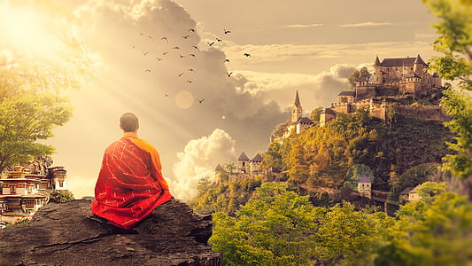 meditation, buddhism, monk, temple, panorama, buddhist, photo manipulation