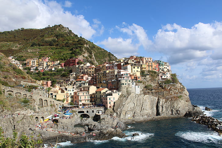 gebouwen, Cliff, kust, Italië, Manarola, Oceaan, rotsen