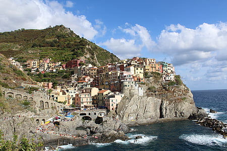 建物, 崖, 海岸, イタリア, マナローラ, 海, 岩