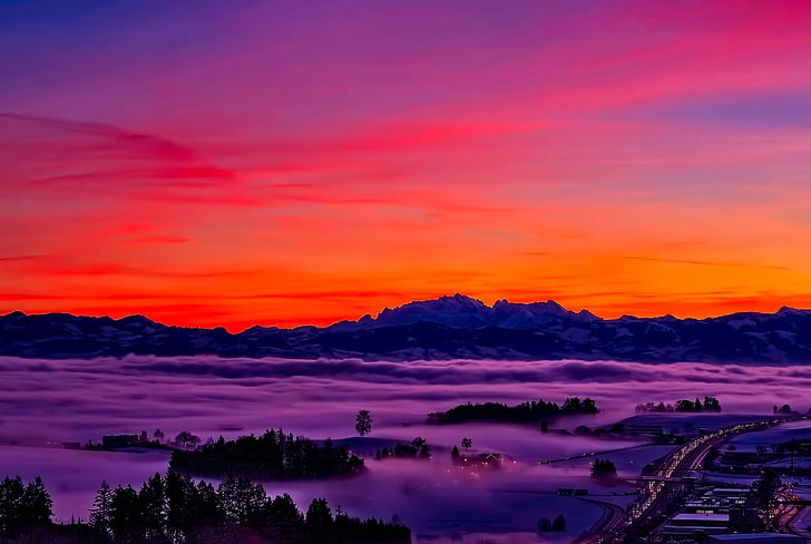 Švýcarsko, obloha, mraky, Krásné, hory, krajina, mlha