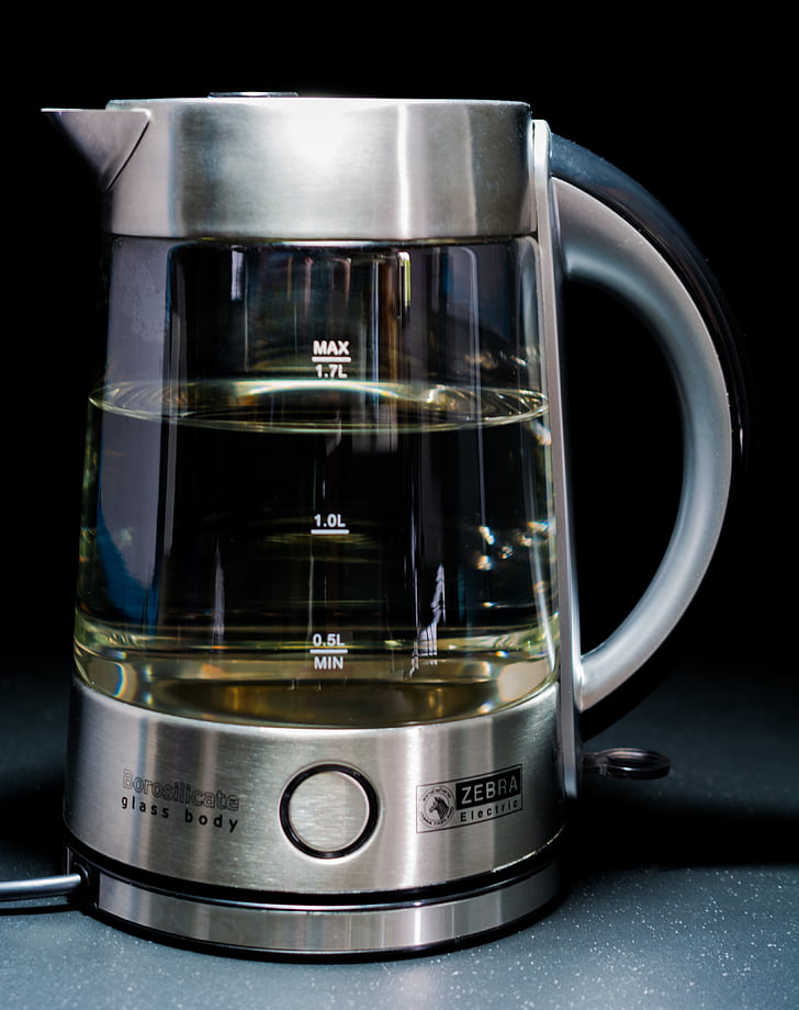 kettle, glass body, stainless steel