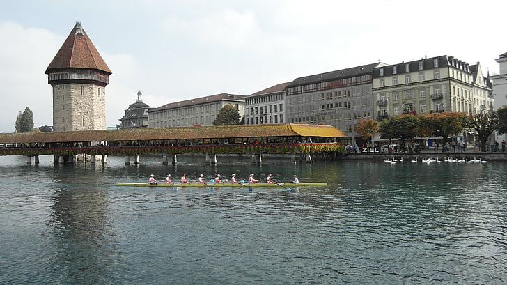 Luzern, Reuss sprint, Kappel bridge, vattentorn, Bridge, Rodd, Rowing race