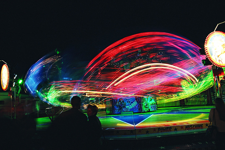 ride, carousel, motion blur, colorful, red, green, folk festival