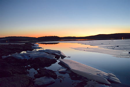 lake, sunset, ice, rock, reflection, water, sky