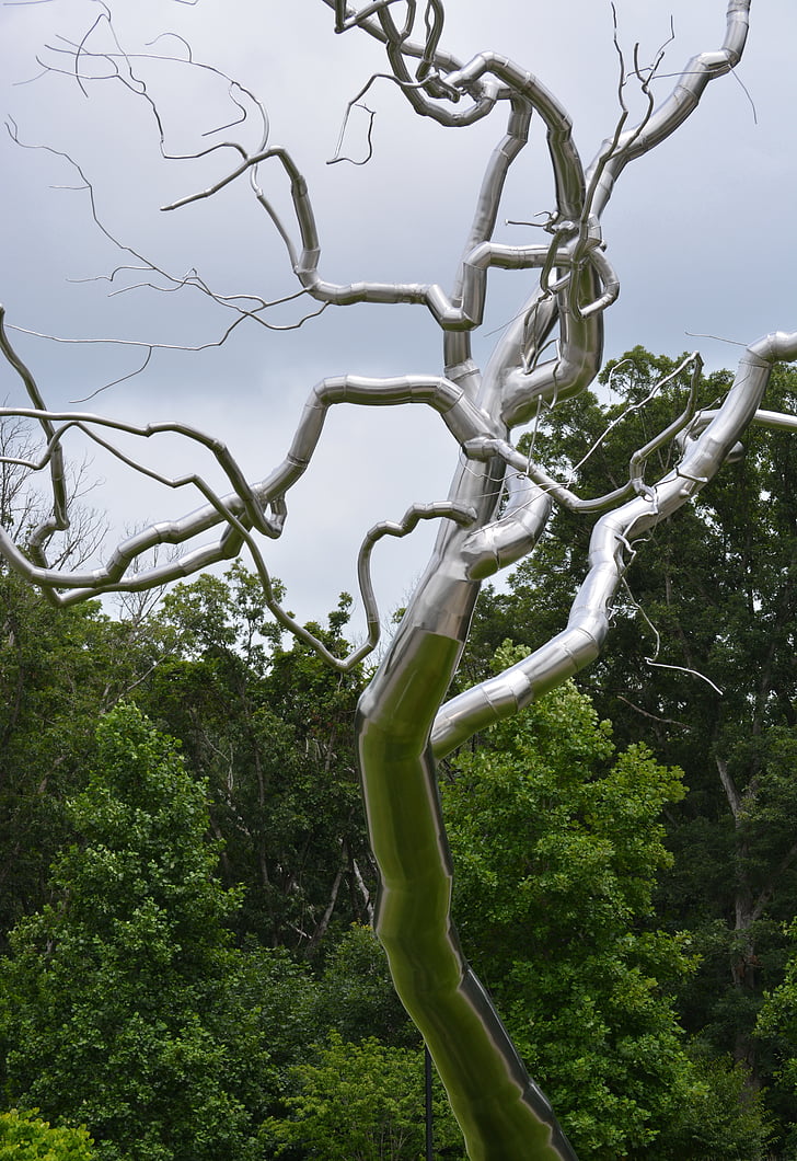 tree, sculpture, art, twisted metal, chrome
