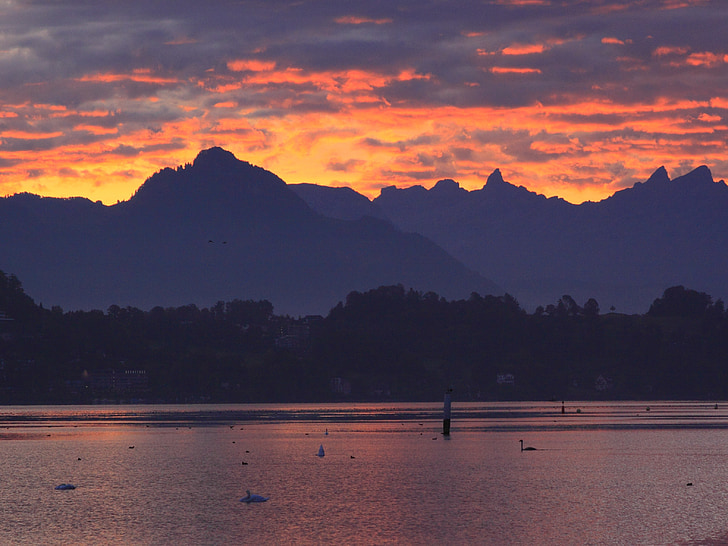 aube, Nuage, orange, Lac, Suisse, Lucerne, incandescence du matin