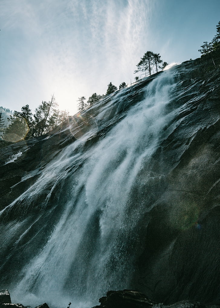 water, falls, splash, river, rocks, mountain, trees