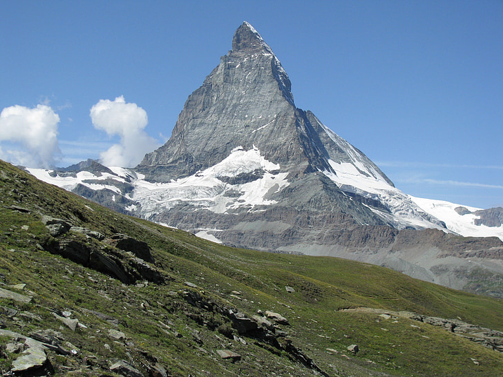 Matterhorn, alpski, Alpe, livada, plava, nebo, oblaci