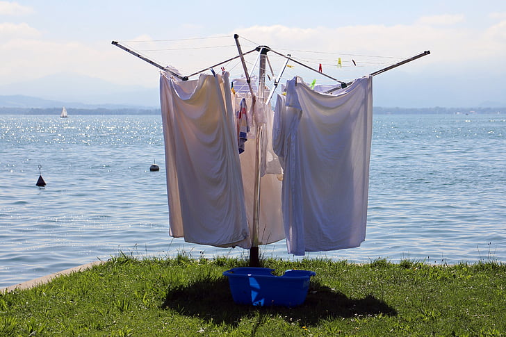 clothes drying rack, laundry, stand, dry, fresh air, lake, waters