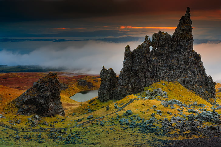 rock, cliff, scotland, isle of skye, old man of storr, clouds, sky