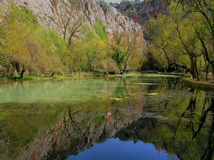 Spania, elven, vann, trær, naturskjønne, refleksjoner, fjell