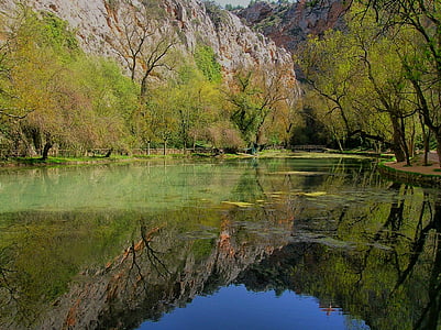 spain, river, water, trees, scenic, reflections, mountains