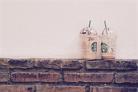 Starbucks, kaffe, drycker, tegelstenar, väggen