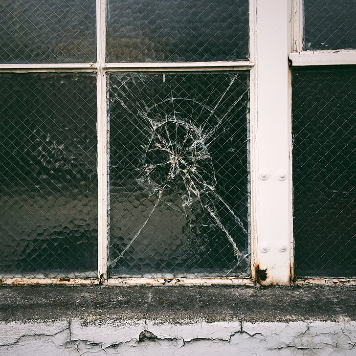 cracked, glass, window, house, outside, frame, break