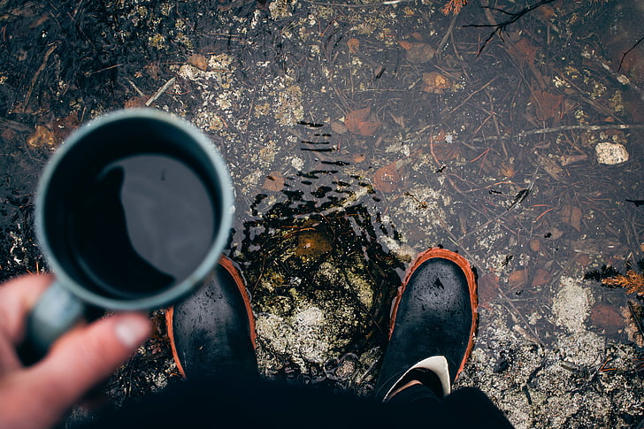 coffee, mug, nature, rocks, leaves, water, people