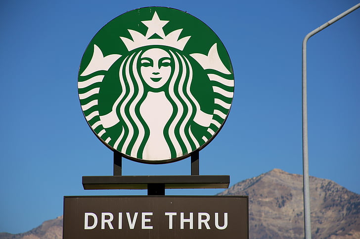 Starbucks, kaffe, grön, vit, logotyp, driva igenom, vägskylt