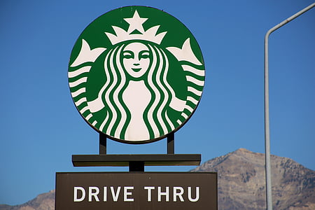 Starbucks, Kaffee, Grün, weiß, Logo, Fahrt durch, Straßenschild