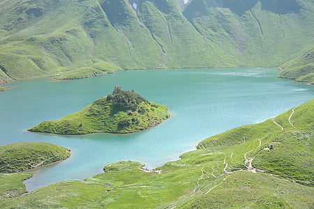 schrecksee, hochgebirgssee, Alpes de Algovia, Lago, agua, Isla, Lago con isla