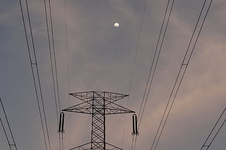 salida de la luna, Luna, Torre eléctrica, Torre eléctrica, montañas, Shimoga (distrito), Karnataka