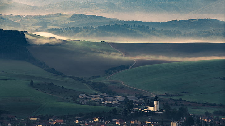 fog, hills, landscape, mist, nature, trees, village