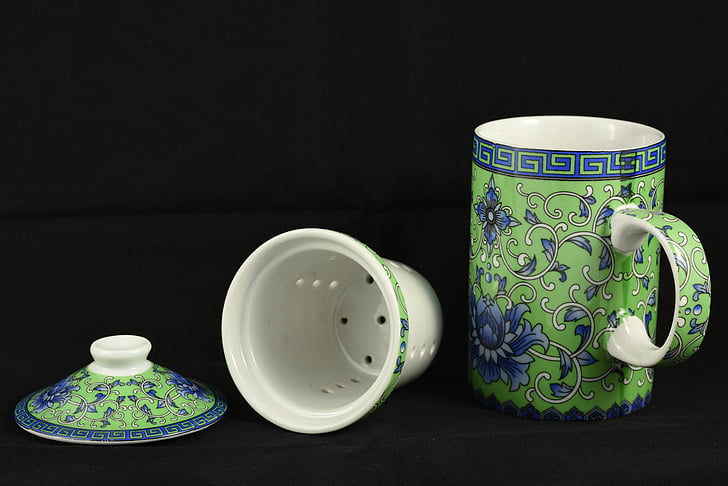 čajový set, hrnek, Orientální, pohár, šálek čaje, bílá, zelená