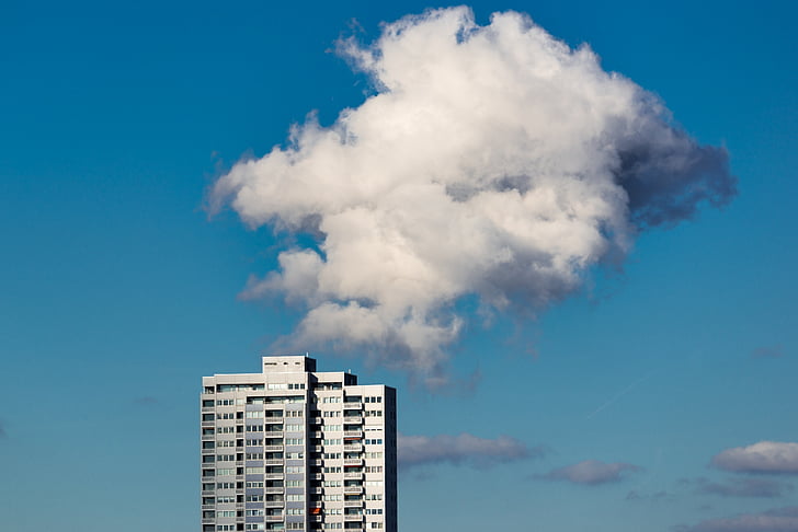 skyscraper, cloud, sky, blue, landscape, blue sky, clouds form