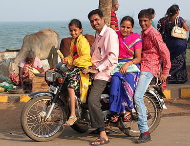 Indien, indische Familie, glücklich, Motorrad, asiatische, zusammen, Familie