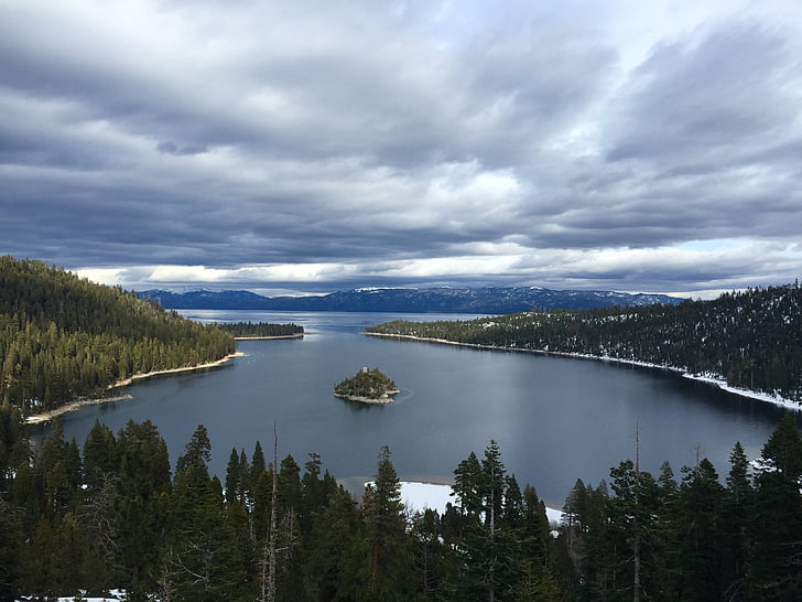 aforestation, felhők, erdő, tó, Lake tahoe, természet, fenyők
