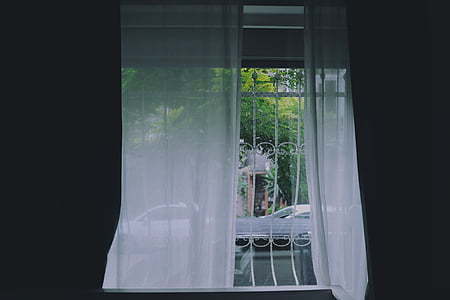 finestra, cortines, interior, casa, disseny, decoració, blanc