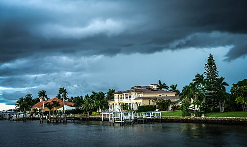 bouře, dům, Florida, Architektura, pobřeží, oceán, dlaně