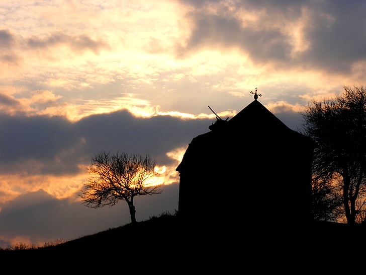 kirik, Sunset, Shadow, taevas, puu, õhtul, Õhtune taevas
