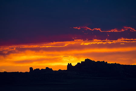 sunset, silhouettes, landscape, arches national park, salt valley, orange, sky