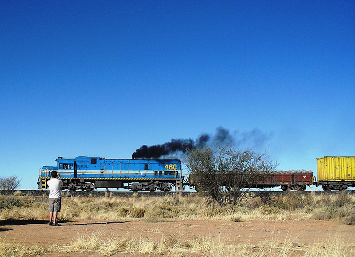 train, locomotive, railway, smoke, blue sky, outside, veld