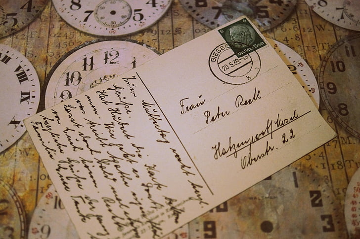 postal, vell, antiquat, deixar, passat, tipus de lletra, targeta postal antiga