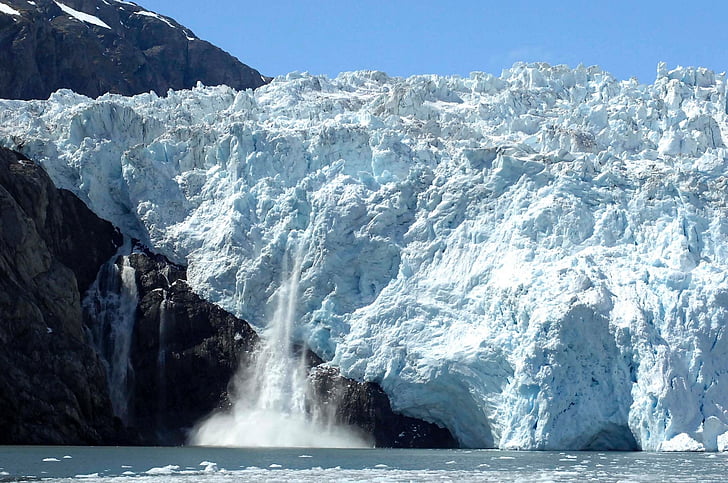glacier calving, ice, water, landscape, bay, ocean, melt