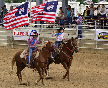Rodeo, chevaux, drapeau, é.-u., l’Amérique, Jeans, pays